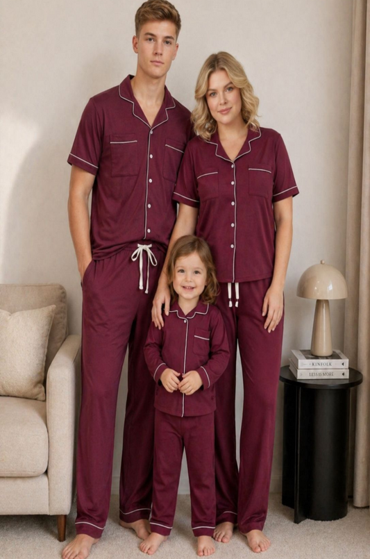 Signature Family - Sweet Dreams Wine Comfort Short Sleeves and Long Pants Set – Wine Red BAMBOO