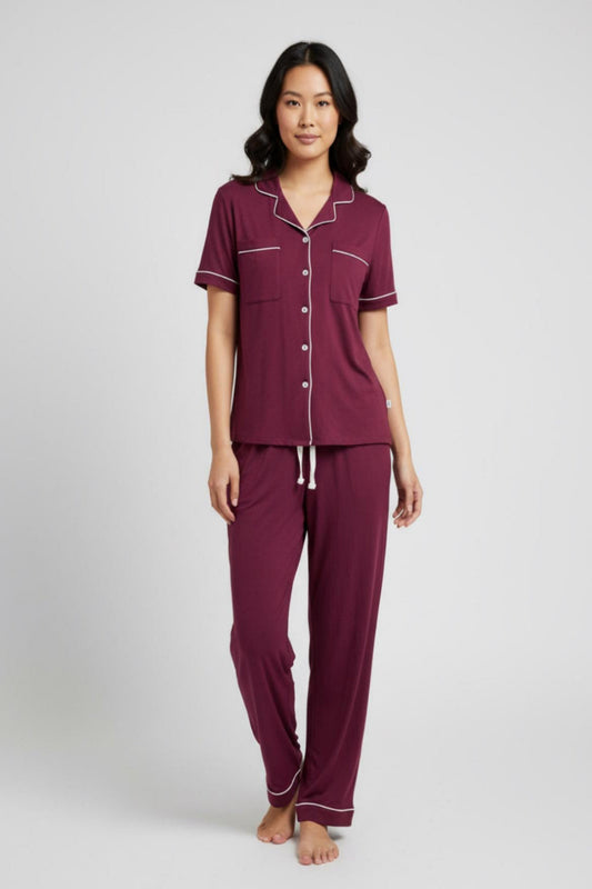 Signature Sweet Dreams Set – Short Sleeve & Long Pants, Red Wine (Bamboo)