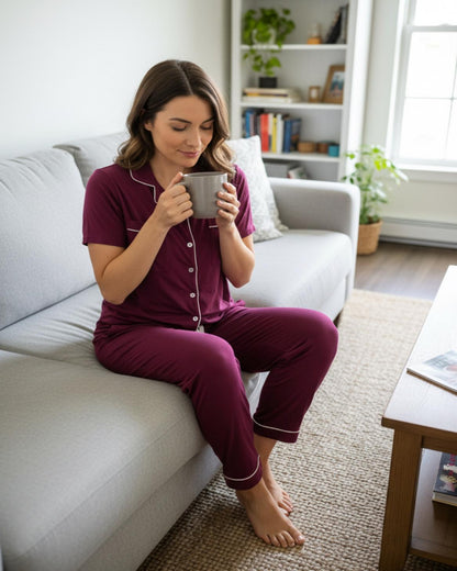 Sweet Dreams Wine Comfort Short Sleeves and Long Pants Set – Wine Red BAMBOO