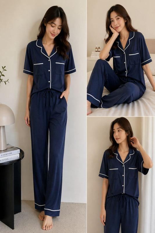 Midnight Calm Long Set – Midnight Blue Signature Family Version II Bamboo(S-XXXL)